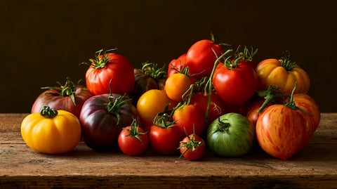Bunte alte Tomatensorten in verschiedenen Formen und Farben auf einem Holztisch.