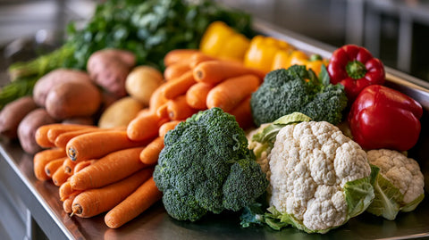 Frisches Gemüse auf Edelstahl in der VitaFresh-Küche: Brokkoli, Blumenkohl, Karotten, Süsskartoffeln, Kartoffeln und Peperoni