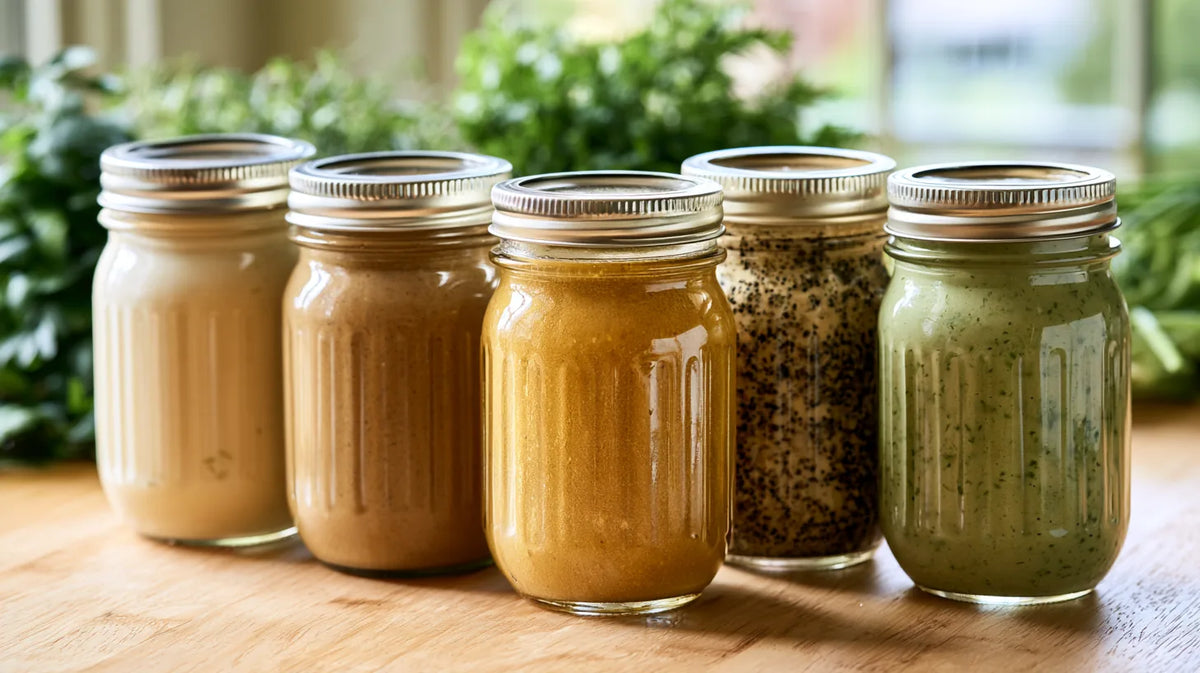 Fünf selbstgemachte Salatsaucen in Einmachgläsern nebeneinander auf einem Holztisch, dahinter frische Kräuter