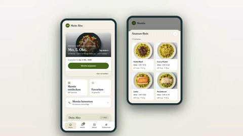 Bestell-Portal von VitaFresh auf dem Handy: Übersicht Mein Abo und Ananas-Reis mit 13 Varianten