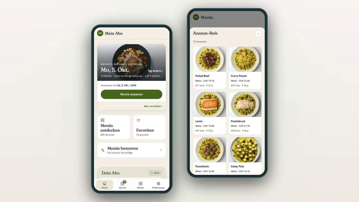 Bestell-Portal von VitaFresh auf dem Handy: Übersicht Mein Abo und Ananas-Reis mit 13 Varianten