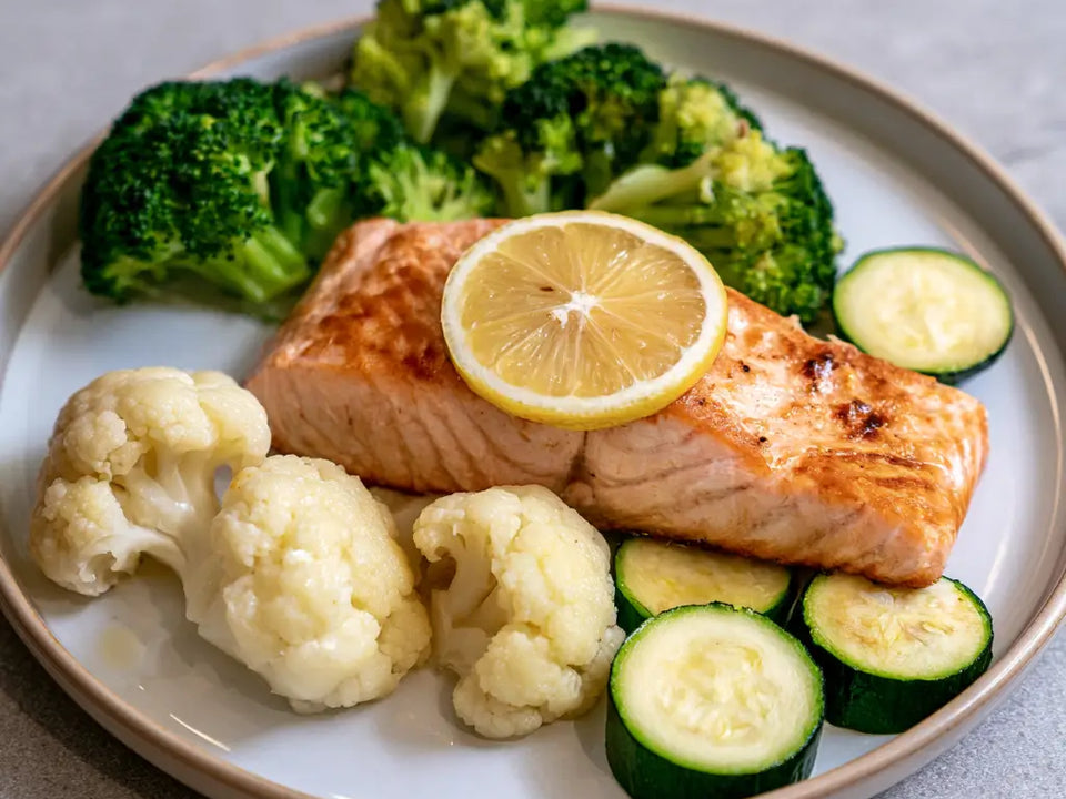 «Stoffwechsel: Lachs und Gemüse» von VitaFresh, angerichtet.