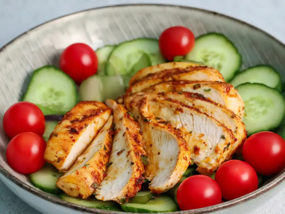 «Stoffwechsel: Poulet-Gurken-Tomaten Salat» von VitaFresh, angerichtet.