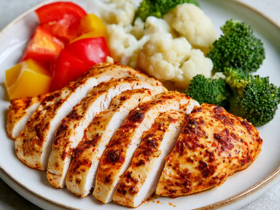«Stoffwechsel: Poulet und Gemüse» von VitaFresh, angerichtet.