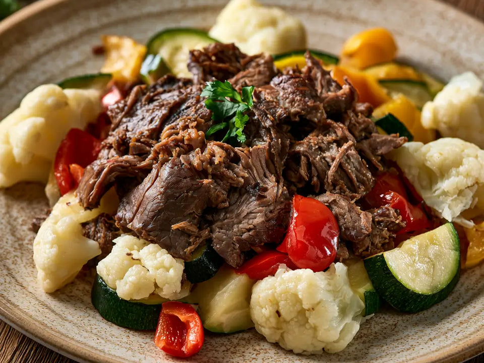 «Stoffwechsel: Pulled-Beef und Gemüse» von VitaFresh, angerichtet.