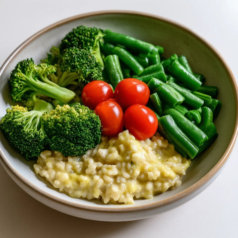 Gemüse-Risotto mit Brokkoli, grünen Bohnen und Cherry-Tomaten