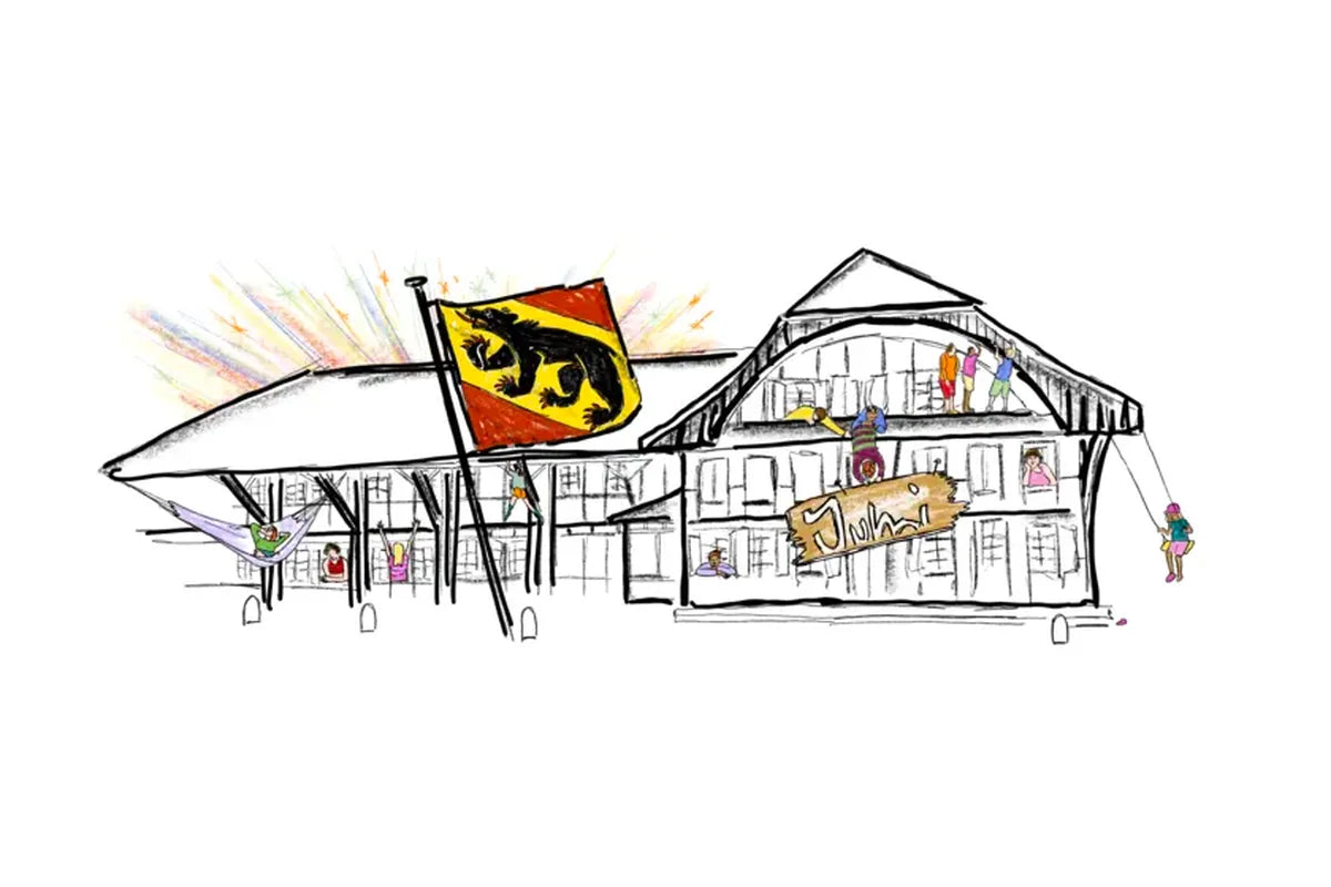 Gezeichnetes Emmentaler Bauernhaus mit Berner Fahne, fröhlichen Menschen und Holzschild «Jumi»