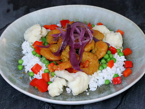 Satay-Shrimps mit Basmati und Gemüse