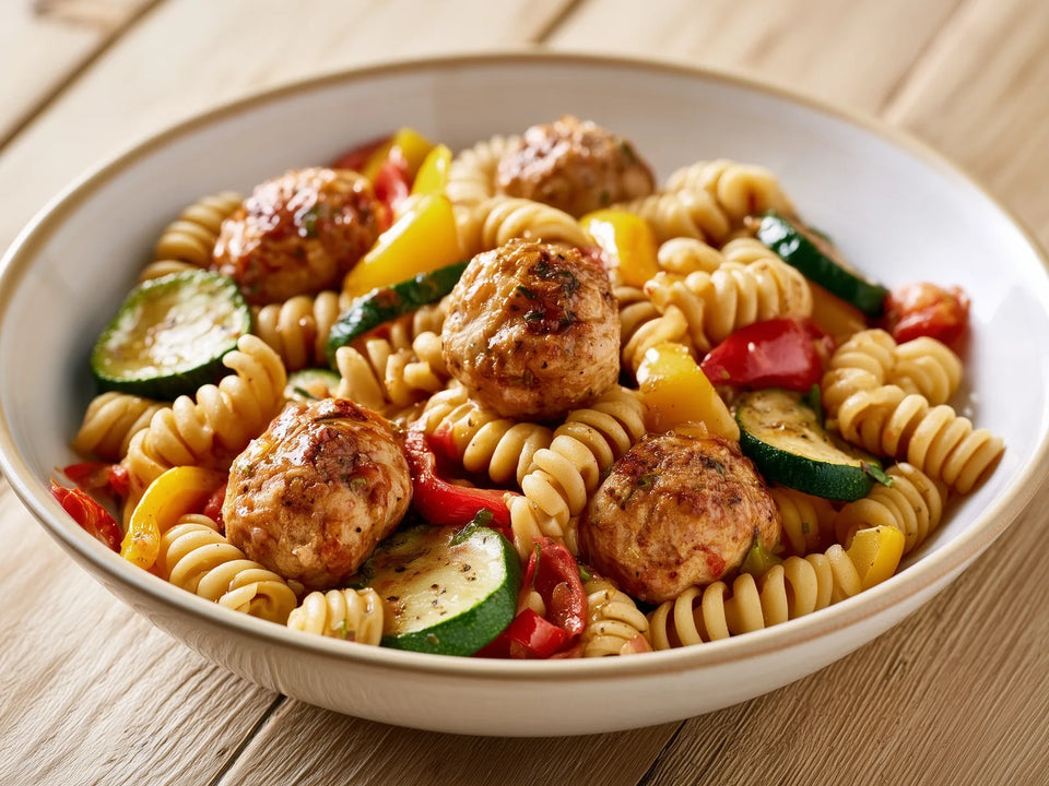 Fusilli mit Pouletballs und Gemüse