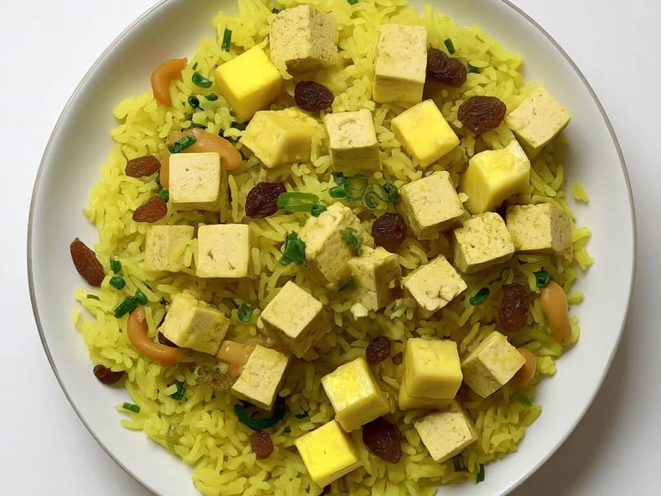 «Ananas-Reis mit Satay-Tofu» von VitaFresh, angerichtet.