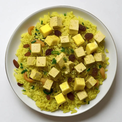 «Ananas-Reis mit Satay-Tofu» von VitaFresh, angerichtet.