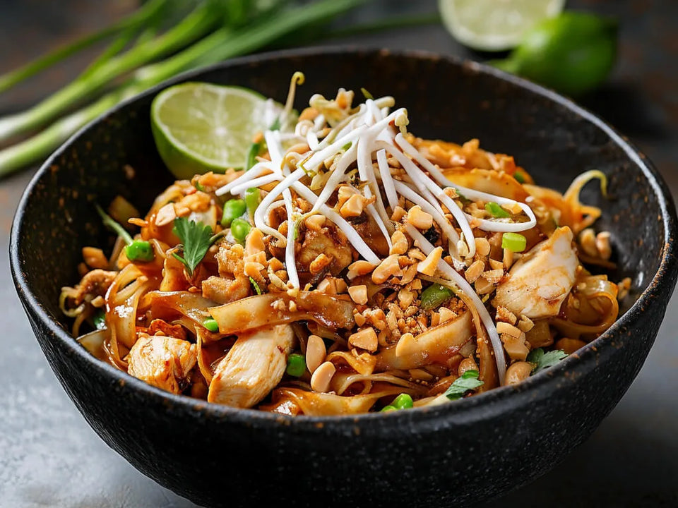 «Pad-Thai mit Poulet» von VitaFresh, angerichtet.