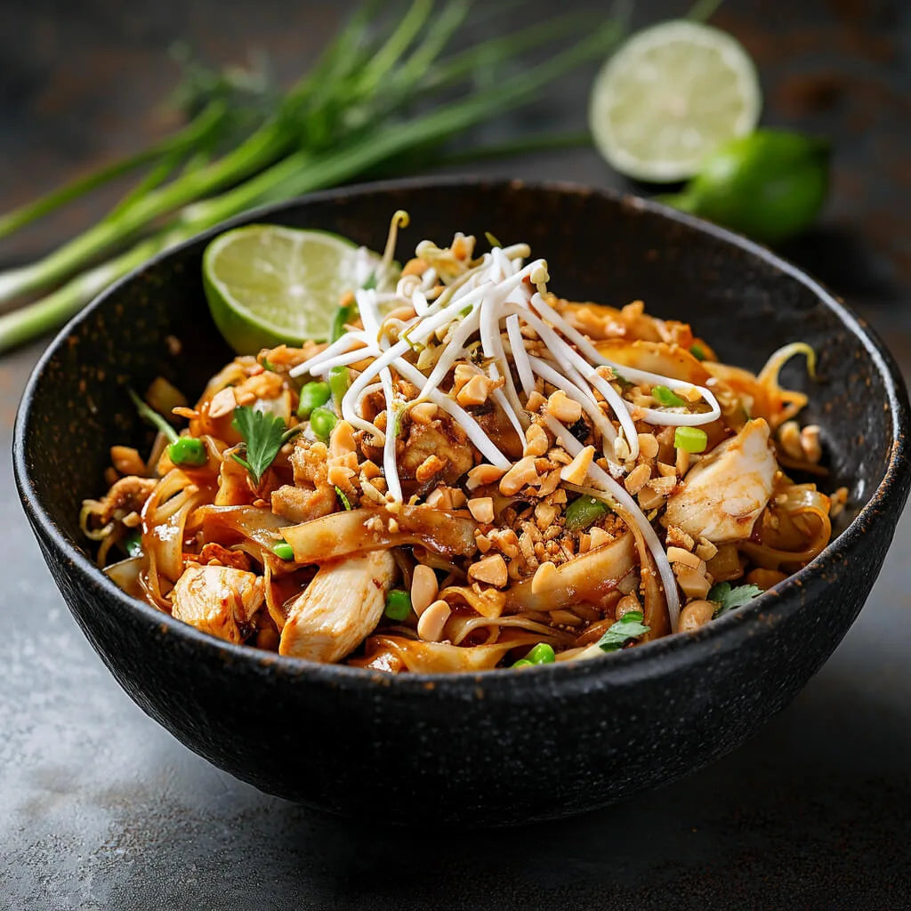 «Pad-Thai mit Poulet» von VitaFresh, angerichtet.