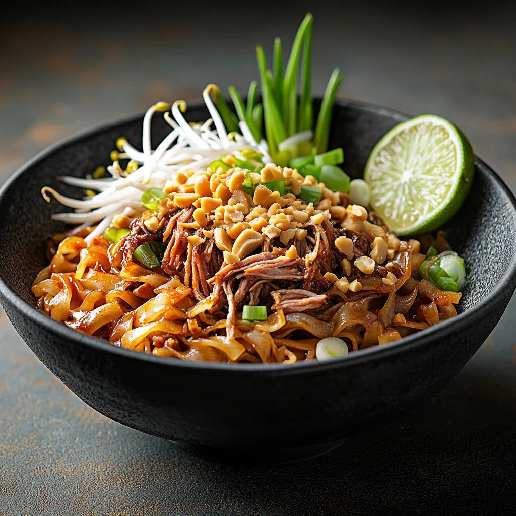 «Pad-Thai mit Pulled-Beef» von VitaFresh, angerichtet.