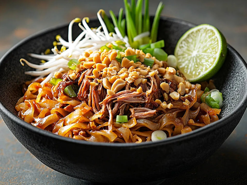 «Pad-Thai mit Pulled-Beef» von VitaFresh, angerichtet.