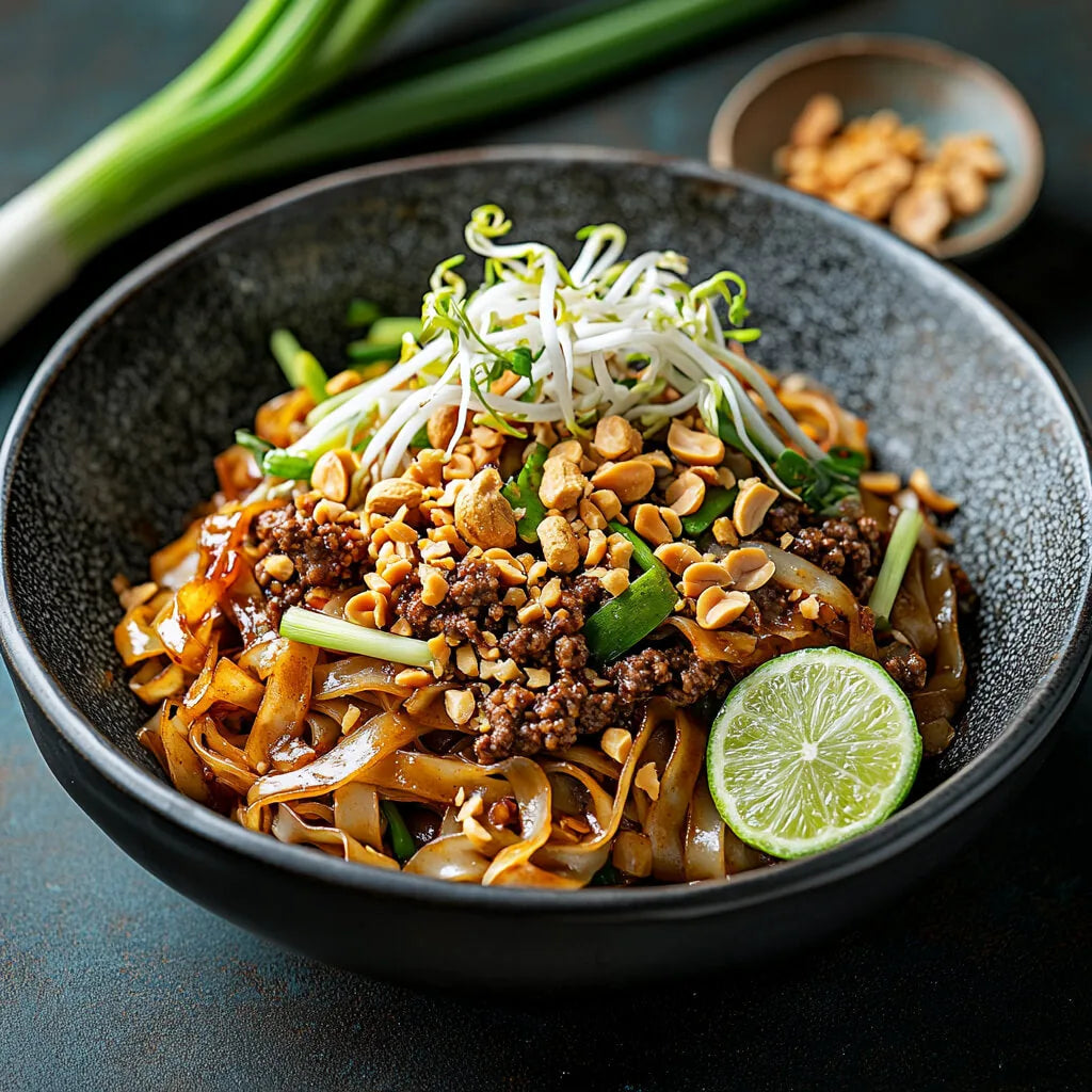 «Pad-Thai mit Rindshack» von VitaFresh, angerichtet.