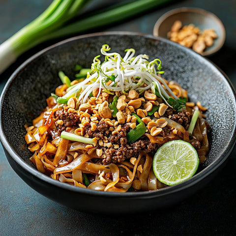 «Pad-Thai mit Rindshack» von VitaFresh, angerichtet.