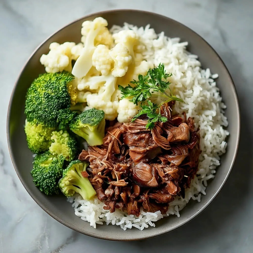«Pulled-Beef mit Basmati und Gemüse» von VitaFresh, angerichtet.